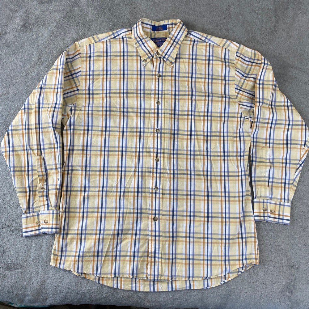 Pendleton Button Down Shirt Mens L Yellow Blue Plaid Cotton Long Sleeve Classic